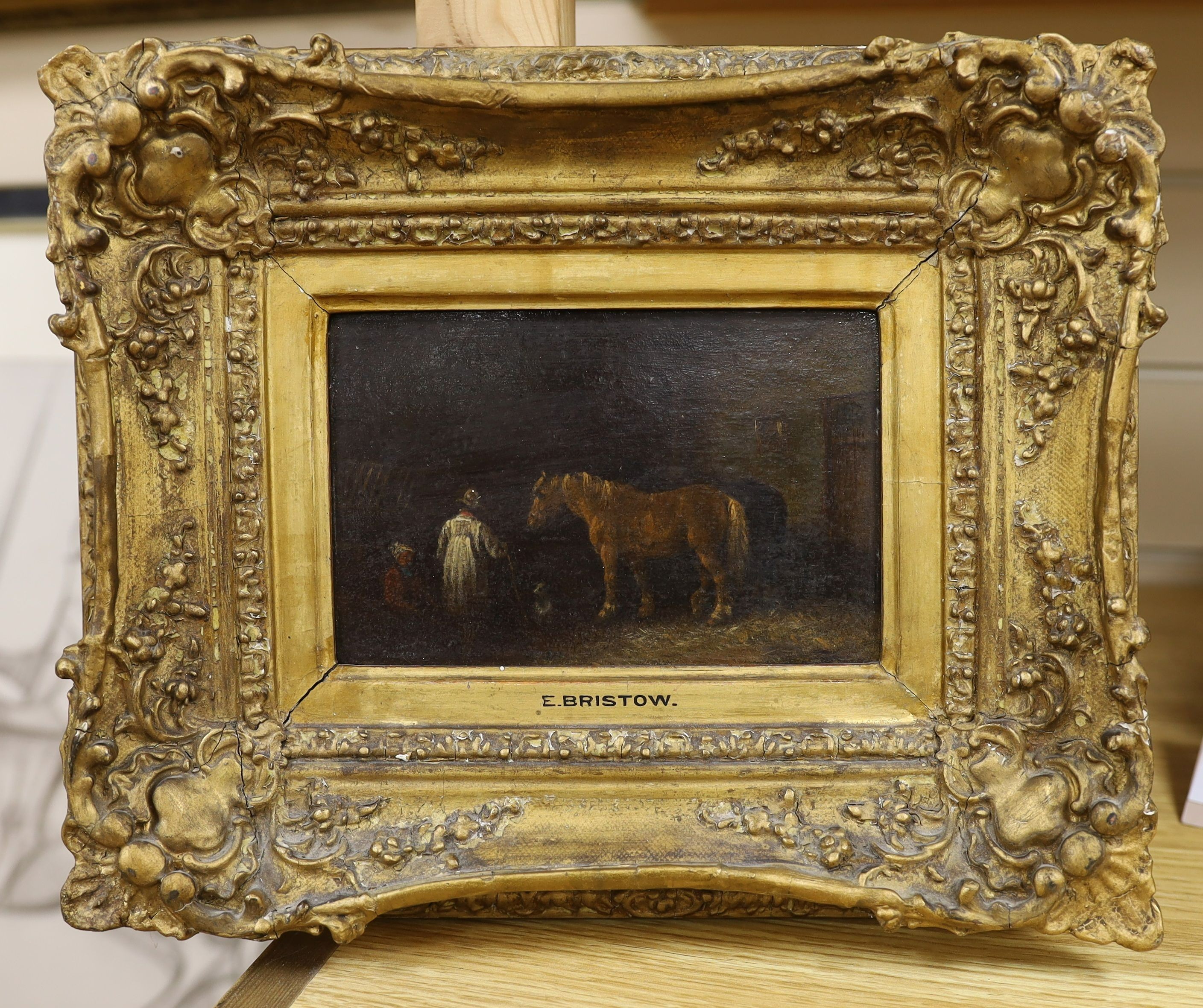 After Edmund Bristow, 19th century, oil on board, Two horses in a stable, 10 x 15cm